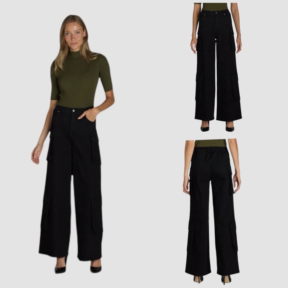 Madden NYC Women's Wide Leg Black Cargo Jeans with Rhinestone Accents | Size XS